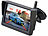 Lescars Solar-Funk-HD-Front- & Rückfahrcam, Splitscreen-Monitor Abstandswarner Lescars