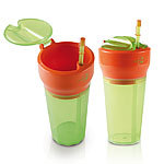 Snack-Becher und Trinkbecher 2in1 grün-orange - As seen on TV Smoothie-Gläser mit Deckeln und Trinkhalmen