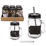 Trinkglas zum Beschriften, Einmachglas mit Henkel 6er-Set Smoothie-Gläser mit Deckeln und Trinkhalmen