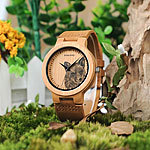 Aparte Uhr aus Bambus mit Wolfskopf, Lederarmband Armbanduhren mit Holzgehäuse