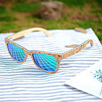 Extravagante Sonnenbrille aus Kork & Leder blaue Spiegelgläser &Muster Sonnenbrillen