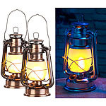 Lunartec 2er-Set LED-Sturmlaternen mit Flammen-Effekt; 25 cm Höhe; bronzefarben Lunartec LED-Sturmlampen mit Flammen-Imitation