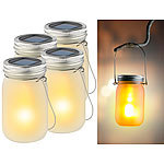 Luminea 4er-Set Solar-LED-Hängelampen im Einmachglas, Flammeneffekt, IP44 Luminea Solar-LED-Einmachgläser mit Fackel-Effekt