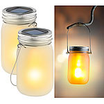 Luminea 2er-Set Solar-LED-Hängelampen im Einmachglas, Flammeneffekt, IP44 Luminea Solar-LED-Einmachgläser mit Fackel-Effekt