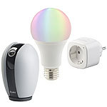 Luminea Smart-Home-Starter-Set 2, kompat. zu Amazon Alexa & Google Assistant Luminea Smart-Home-Starter-Sets mit IP-Kamera, LED-Lampe und Steckdose, kompatibel zu Alexa Voice Service