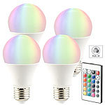 Luminea LED-Lampe in RGB + Warmweiß, E27, 10 Watt, Fernbedienung, 4er-Set Luminea LED-Tropfen E27 mit Farbwechsel (RGBW)