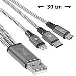 Callstel 2er-Set 3in1-Schnellladekabel: Micro-USB, USB C & Lightning, 30 cm, 3A Callstel 3in1-USB-Octopus-Kabel: Lightning, Micro-USB, USB Type C