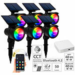 Lunartec 6er-Set RGB-CCT-LED-Spot mit Bluetooth, 50 lm, 1 W, IP44 inkl. Gateway Lunartec RGB-CCT-LED-Spots mit Solar-Panel und App