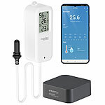Luminea Home Control WLAN-Temperatur-/Luftfeuchtigkeitsmesse + WLAN-IR-Fernbedienung Luminea Home Control WLAN-Temperatur-/Luftfeuchtigkeitsmesser mit Innen- und Außensensor, IR-Fernbedienungen, App