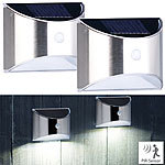 Lunartec 2er-Set Solar-LED-Wandleuchte mit PIR-Sensor, Edelstahl, 20 lm, IP44 Lunartec LED-Solar-Außenlampen mit PIR-Sensoren (neutralweiß)