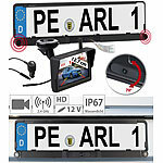 Lescars Funk-HD-Rückfahrkamera in Nummernschildhalter, Monitor, Abstandswarner Lescars Funk-Rückfahrkameras mit Monitoren