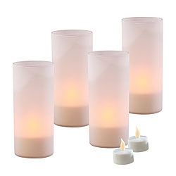 Lunartec 12 Akku-LED-Teelichter mit Acryl-Dekogläsern und Ladestation Lunartec Akku-LED-Teelicht-Sets mit Ladestation