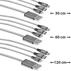 Callstel 3er-Set 3in1-Schnellladekabel: Micro-USB, USB-C & Lightning, Textil Callstel