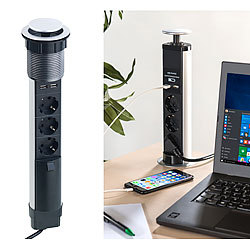 revolt Versenkbare 3-fach-Tisch-Steckdosenleiste mit 2 USB-Ladeports, Ø 76 mm revolt Einbau-Steckdosenleisten mit USB-Lade-Buchsen