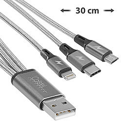 Callstel 3in1-Schnellladekabel: Micro-USB, USB C & Lightning, Textil, 30 cm, 3A Callstel
