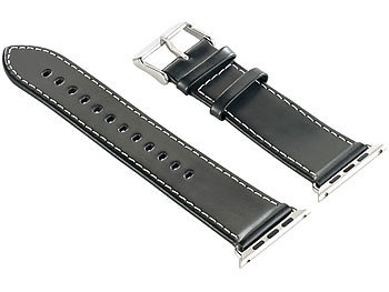 Applewatch-Armband: Callstel Glattleder-Armband für Apple Watch 42 mm, schwarz