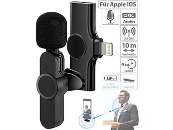 Ansteckmikrofon: Callstel Mini-Funkmikrofon-Set für iPhone & iPad, 2,4 GHz, 48 kHz Stereo, 20 m