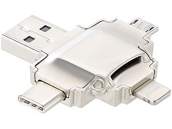 Cardreader: Callstel microSD-Kartenleser mit Lightning-, Micro-USB- & USB-Stecker Typ A & C