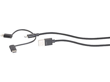 Callstel 3in1-Ladekabel für Micro-USB, USB-C, Lightning, MFI, 1 m, 2,1A, Textil