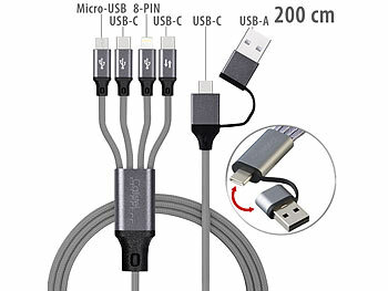 Multi Ladekabel: Callstel 8in1-Lade- & Datenkabel USB-C/A zu USB-C/Micro-USB/Lightning, 200cm,3A