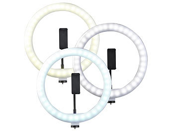 Somikon LED-Ringlicht, Handy-Halter, Stativ, Fernauslöser, Ø 10" / 25 cm