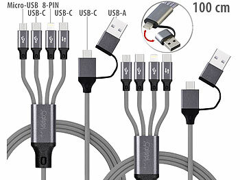 Multifunktions-Ladekabel: Callstel 2er-Set 8in1-Lade- & Datenkabel USB-C/A zu C/Micro-USB/Lightning, 1 m