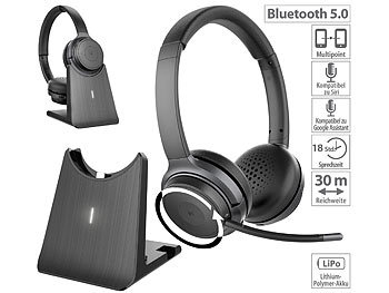 Telefon Headset: Callstel Profi-Stereo-Headset mit Bluetooth 5, 18-Std.-Akku & 2in1-Ladestation