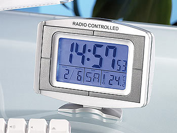 PEARL DCF-Funkuhr mit 8,9 cm LCD-Display, Wecker, Kalender & Thermometer