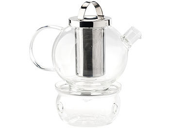 Teekanne mit Teelicht: Cucina di Modena Tee-Set aus Glaskanne (1,5 l) mit Edelstahl-Sieb und Stövchen