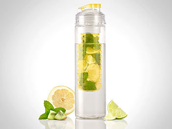 Trinkflasche mit Einsatz: Rosenstein & Söhne Trinkflasche, Wasserflasche mit Fruchtbehälter, Tritan, BPA-frei, gelb
