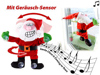 Singende Weihnachtsdeko: infactory Singender & tanzender Weihnachtsmann mit Saugnäpfen & Geräusch-Sensor