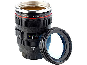 Kaffeebecher Objektiv: Somikon Kameraobjektiv-Becher, doppelwandig, innen Edelstahl, 300 ml