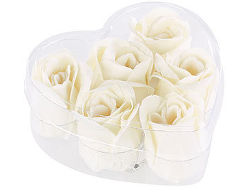 Duft-Rose für Badewanne: PEARL 6 cremeweiße Rosen-Duftseifen in Geschenk-Box