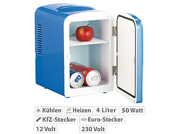 Camping Kühlschrank: Rosenstein & Söhne Mini-Kühlschrank mit Warmhalte-Funktion, für 12 & 230 V, 4 Liter, blau