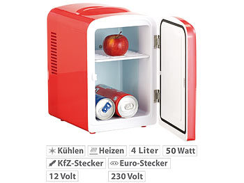 Kleiner Kühlschrank: Rosenstein & Söhne Mini-Kühlschrank mit Warmhalte-Funktion, 4 Liter, für 12/230 Volt, rot