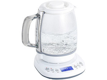 Design-Wasserkocher: Rosenstein & Söhne Glas-Wasserkocher mit Warmhaltefunktion, 4 Temperaturen, 1,2 l, 1200 W