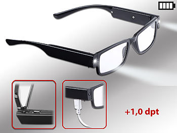 Brillen: infactory Modische Lesehilfe mit integriertem LED-Leselicht und Akku, +1,0 dpt