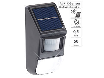 Solar-Beleuchtung Garten: Lunartec LED-Solar-Wandleuchte, Dämmerungs- & PIR-Bewegungssensor, 50 lm, 0,5 W