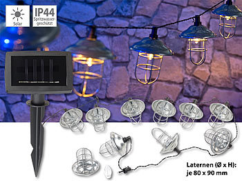 LED Lichterkette außen: Lunartec Solar-LED-Lichterkette mit 10 Metall-Laternen, warmweiß, IP44, 1,6 m