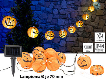 Halloween Deko: Lunartec Solar-Lichterkette mit 10 LED-Lampions im Halloween-Kürbis-Look, IP44