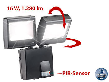 LED-Fluter Sensor: Luminea Duo-LED-Außenstrahler mit PIR-Sensor, 16 Watt, 1.280 lm, IP44