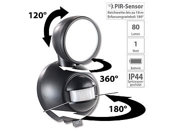 Bewegungsmelder aussen: Luminea Kabellose LED-Außenleuchte, PIR-Sensor, 1W, 80lm, IP44, 7 Monate