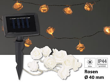 Solar Lichterkette klein: Lunartec Solar-LED-Lichterkette mit 10 weißen Rosen, warmweiß, IP44, 1 m