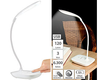 LED Schreibtischlampe mit Schwanenhals: PEARL Schwanenhals-Schreibtischleuchte mit 3-Watt-COB-LED & Akku, USB-Ladung