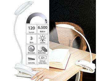 USB Klemmleuchte: Lunartec Schwanenhals-Klemm-Lampe mit 3-Watt-COB-LED und Akku, USB-Ladefunktion