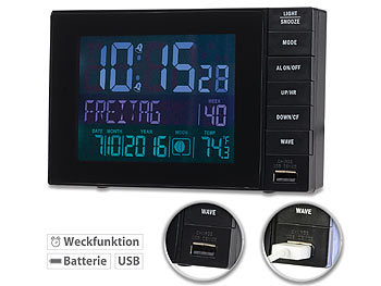 Wecker mit Netzteil: infactory Funkwecker mit Temperatur-Anzeige, USB-Ladestation (2 A), 2 Weckzeiten