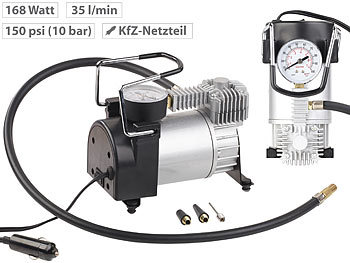 Lescars Mini-Luft-Kompressor mit Manometer, 12 V, 100 psi, 168 Watt, 3 Adapter