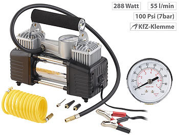 Luftkompressor 12 Volt: Lescars Mobiler Luft-Kompressor, Manometer, 12 V, 100 psi, 288 Watt, 3 Adapter