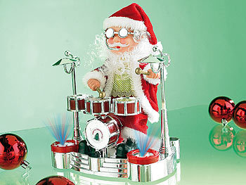 infactory Singender Schlagzeuger-Weihnachtsmann mit LED-Lichtershow