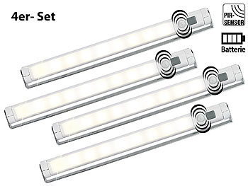LED Lichtleiste Batterie: Lunartec 4er-Set Schwenkbare Lichtleisten, PIR-Sensor, 9 SMD-LEDs, warmweiß